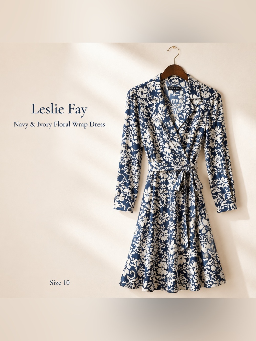 Leslie Fay Navy & Ivory Floral Wrap Dress with Tie Waist long sleeve size 10
